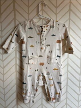 *Pehr-* Cream Baby One-Piece Romper with Vehicle Print